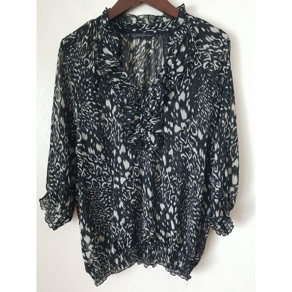 ELENA SOLANO Sheer‎ Ruffle V Neck Printed Top Size L? Black Taupe Blouse